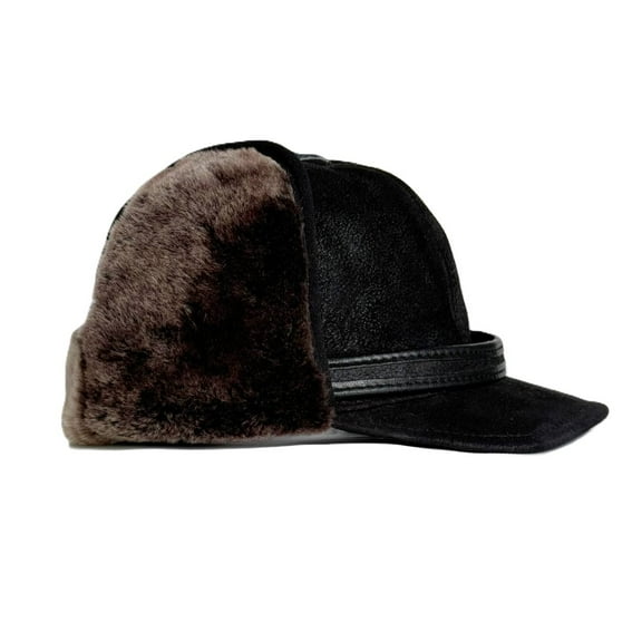 Men’s Shearling Leather Trapper Hat – Aviator Winter Cap with Genuine Sheepskin Ear Flaps | Cold Weather Leather Cap (US, Alpha, 3X-Large, Black/Brown Fur)