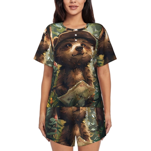 Balery Jungle Hat Bear Conjunto de Pijama para Mujer con Estampado, Dos Piezas de Manga Corta y Shorts, Ropa de Dormir Suave con Cuello Redondo y Bolsillos-4X-Large