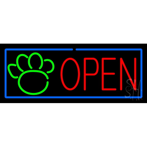 Open Pet Paw Blue Border LED Neon Sign 13" Tall x 32" Wide - inches Black Square Cut Acrylic Backing, with Dimmer - Premium built indoor Sign for Club, Home décor, Event, Workshop, Storefront.