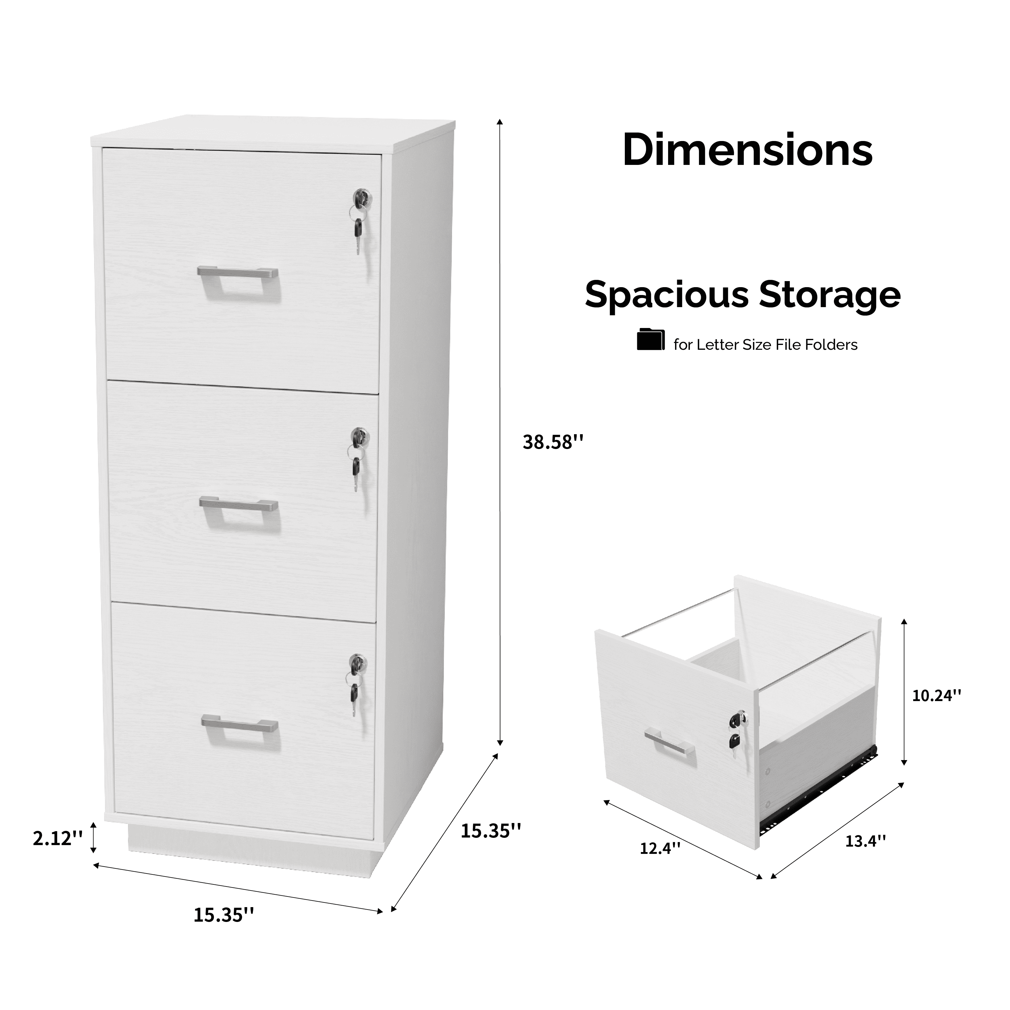 Ktaxon 3-Drawer Wood Lateral File Cabinet Lockable Filing Cabinet with Lock for Home Office Easy to Assemble, White