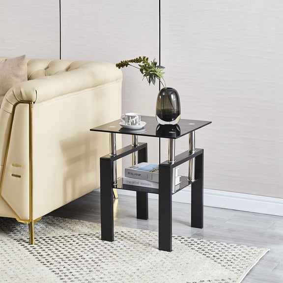 Knubmt 2 Layers Coffee Table with Storage Shelves, Tempered Glass End Table for Living Room, Office