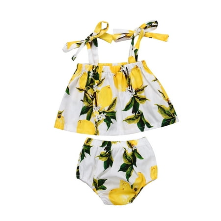 

CenturyX 2Pcs Toddler Baby Girls Lemon Print Sleeveless Sling Strappy Vest Tops Shorts Summer Clothes Yellow 6-12 Months