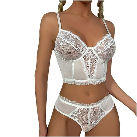 

Fengqque Sexy Underwear Pajamas Lace Perspective Backless Underwear Two Piece Set