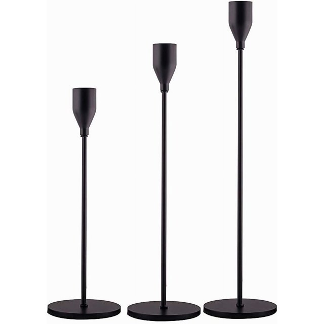 Juego de 3 candelabros negros mate para velas cónicas, candelabro decorativo para bodas, cenas, fiestas, se adapta a velas de 3/4 de pulgada de grosor y velas LED (soporte de metal para