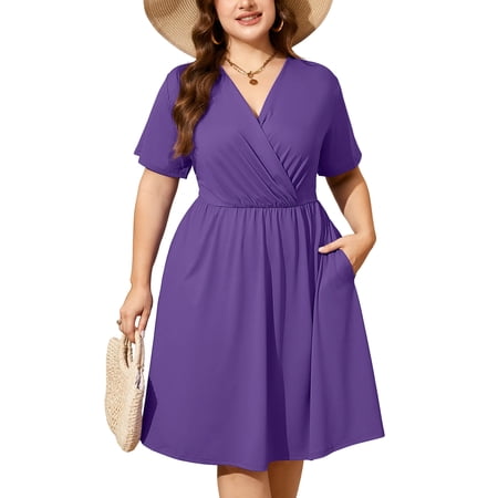 SHOWMALL Women's Plus Size Dress, Crossover Wrap V Neck Summer Dress with Pockets, Purpe 3X Elastic High Waist A-Line Casual Party Work Dress