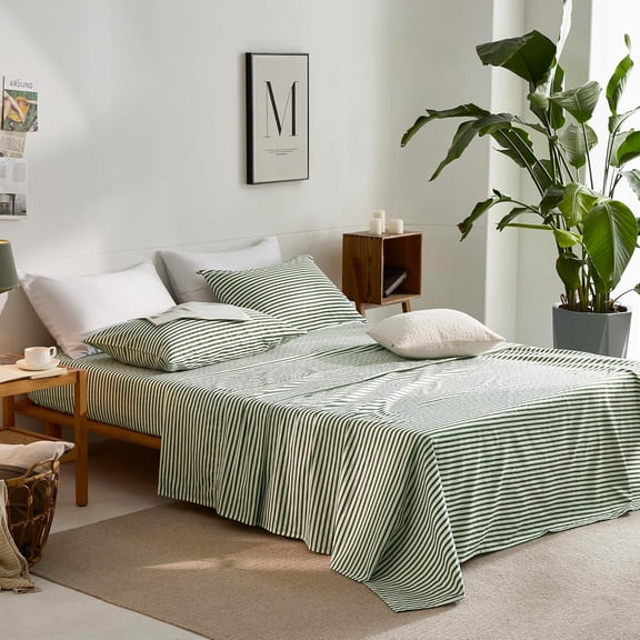 Queen Size Bed Sheets Set -  Cotton Green White Striped Deep Pocket Fitted Sheet Soft Breathable Bedding with Pillowcases