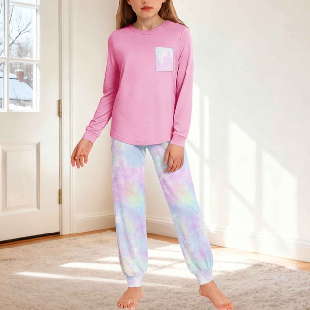 Conjuntos de blusa y camisa de manga larga con cuello redondo para niños y niñas de 5 a 14 años con estampado y bolsillo. Conjunto de top y pantalón de manga larga.