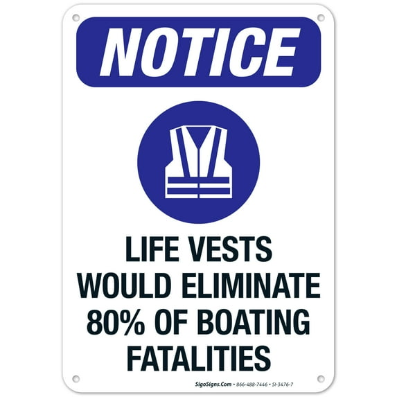 Life Vests Would Eliminate 80% Of Boating Fatalities Sign, OSHA Sign, 10x7 Aluminum