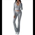 thumbnail image 1 of Conjunto Deportivo de 2 Piezas para Mujer, Camiseta de Larga, Pantalones Acampanados con Solapa, Chándal Informal, Gris, Talla L, 1 of 8