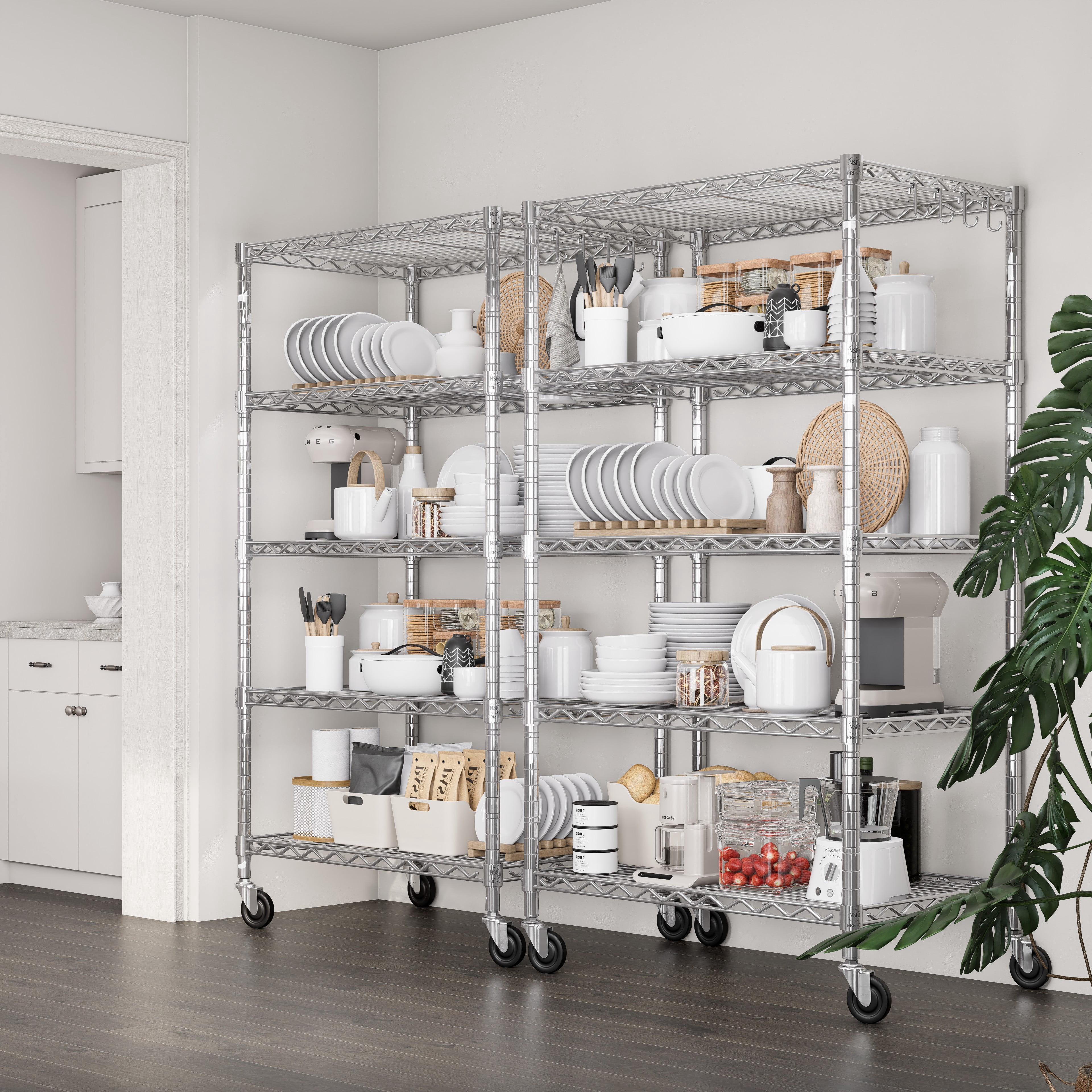 Prilinex 5 Tier Wire Shelving with Wheels 24"W x 18"D x 75"H Steel Storage Shelves, Adjustable Garage Shelves Organizer, Pantry Rack Rolling Metal Shelf 24"W x 18"D x 72"H, Chrome