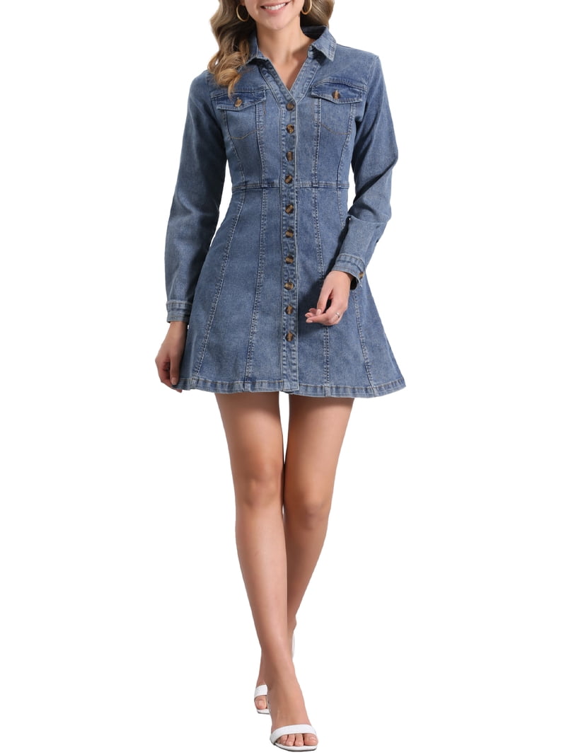 Women's Denim Dress Button Down Collar V Neck Long Sleeve A-line Cotton Jean  Dress XS Retro Blue - Walmart.com
