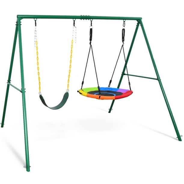 GIKPAL 440lbs 2 Seat Swing Set for Backyard, 1 Saucer Swing Seat and 1