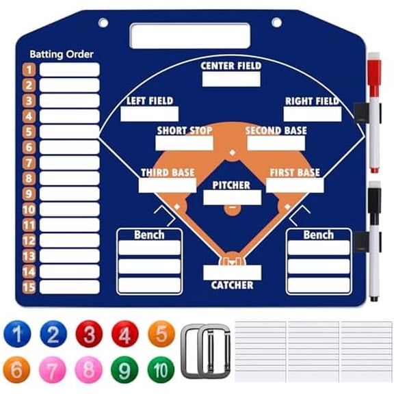 1 44PCS Baseball Coaching Board for Dugout, Dry Erase Lineup Board Softball Clipboard for Coach/ 30 Name Strip/ 10 Number Blocks/ 2 Marker/ 2 Buckle