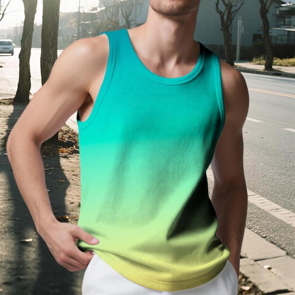 qelini Mens Racerback Tank Tops Big and Tall Vest Top Crew Neck Sleeveless Vest Ombre Print Workout Cloths
