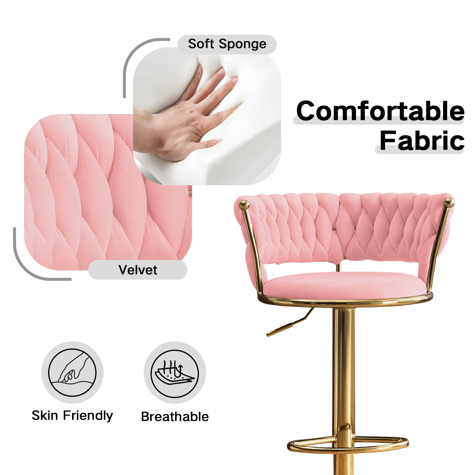 Swivel Velvet Bar Stools Set of 2, Adjustable Height Barstools with Woven Back and Footrest for Kitchen Island, Dining Room, Pink
