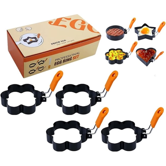 Stainless Steel Egg Molds with Heat-Resistant Handle - 4-Pack Non-Stick Cooking Rings for Eggs, Pancakes & Burgers (Flower Shape)