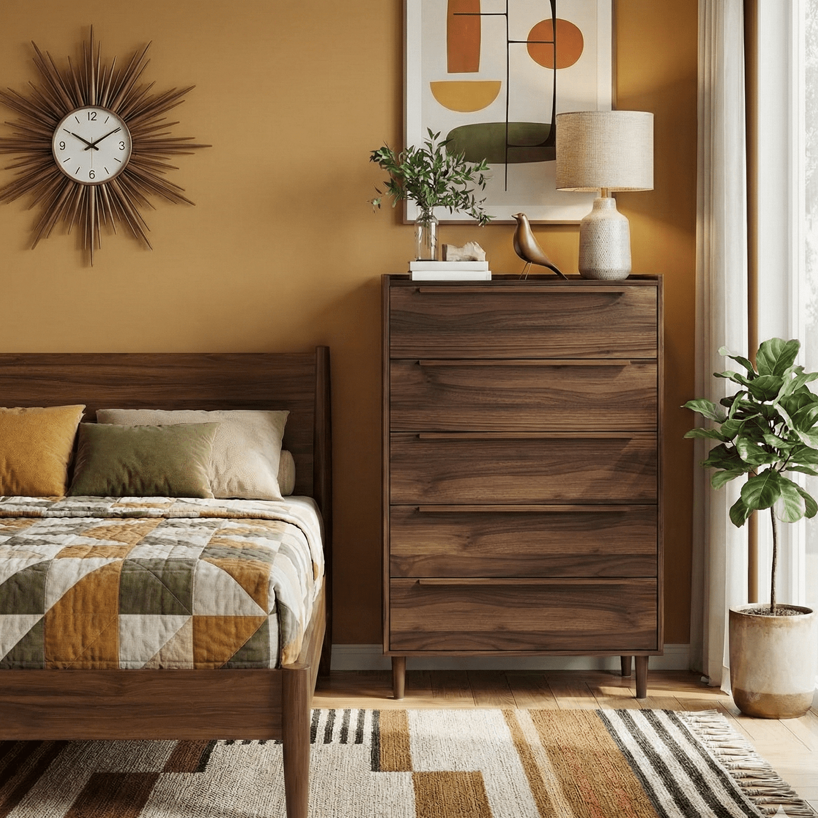 48" Tall Walnut Dresser for Bedroom, Mid-Century Modern 5 Drawer Chest of Drawers with Natural Wood Grain, Slim Vertical Storage Cabinet with Raised Edge Top, Anti-Tip Kit