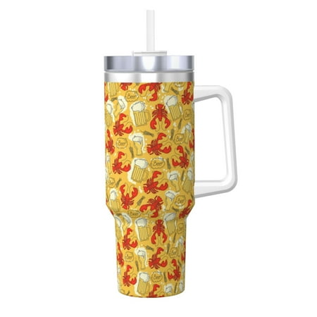 

Fuzoiu Beer And Crawfish Print 40OZ Ice Bully Stainless Steel Insulated Cup with Handle and Straw - Perfect for Travel and Sports
