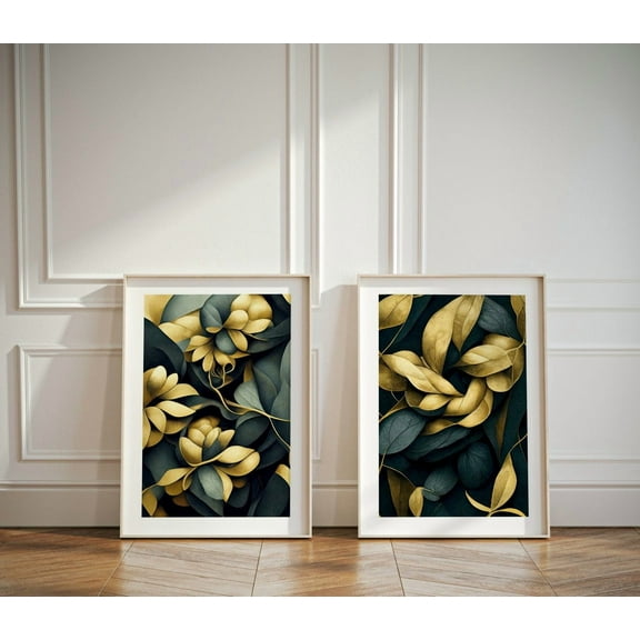 UNFFRAMED Sage Green And Gold Botanical Set Of 2, Botanical Living Room Decor, Modern Wall Decor Set 2 Prints 8x12
