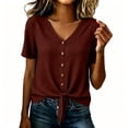 thumbnail image 3 of Lindreshi Cotton Linen Tops for Women Summer V Neck Short Sleeve Button Up Shirt With Front Placket and Lace Up Top, 3 of 8