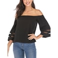 thumbnail image 2 of 3/4 Bell Sleeve Tops for Women Summer Off Shoulder Mesh Panel Blouse Casual Shirts, 2 of 6