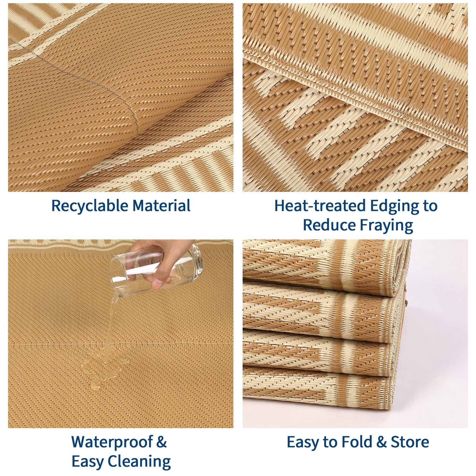 HIWEAVER 10' x 20' Camel Outdoor Rug PP Plastic Straw Woven Waterproof Patio Rug with Border Portable Outside Carpet for Balcony Deck Picnic Garden Decor