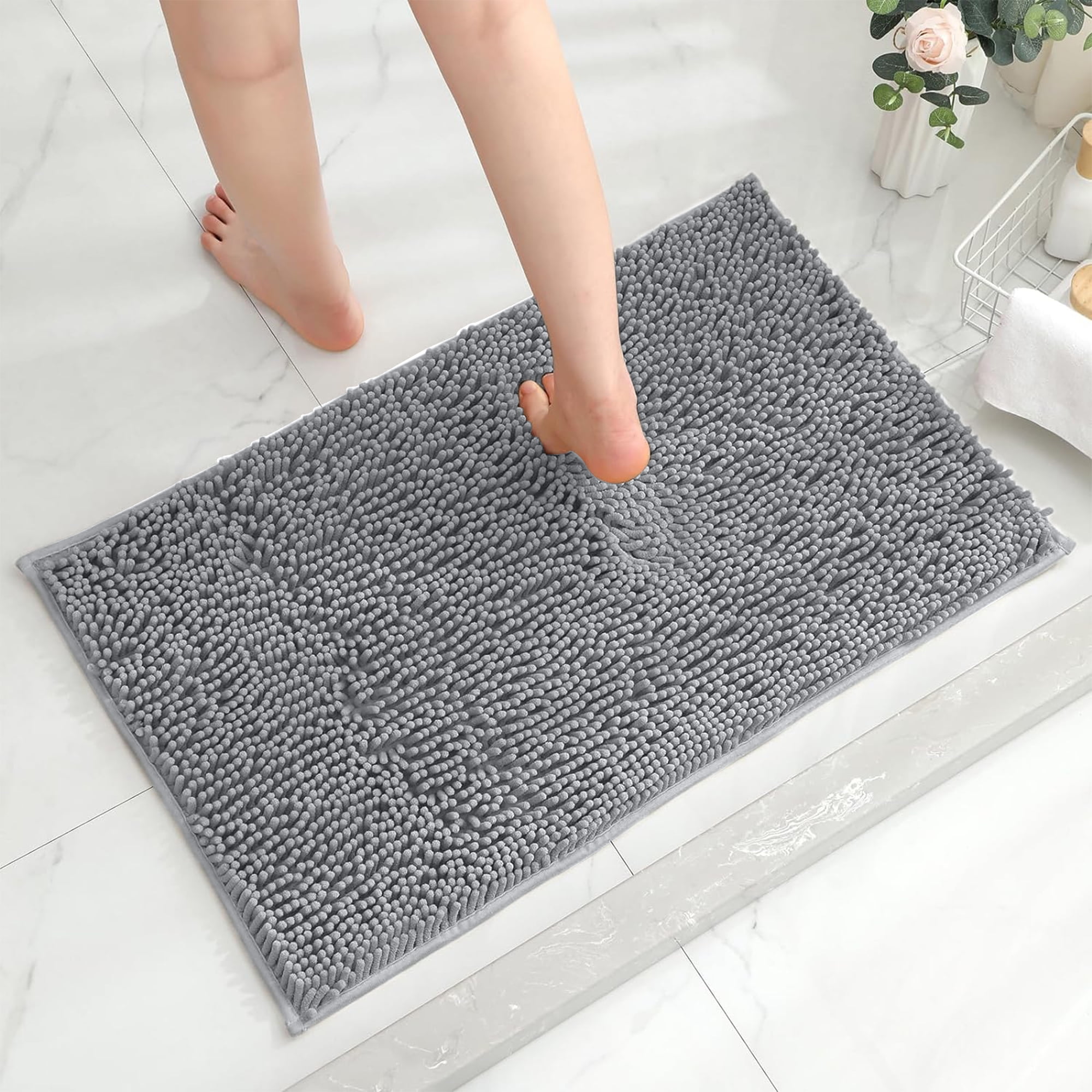 Furrygo Gray Chenille Bathroom Rugs, Thick Soft Absorbent Bath Rugs, Machine Washable Bath Mats for Bathroom Floor, Tub and Shower