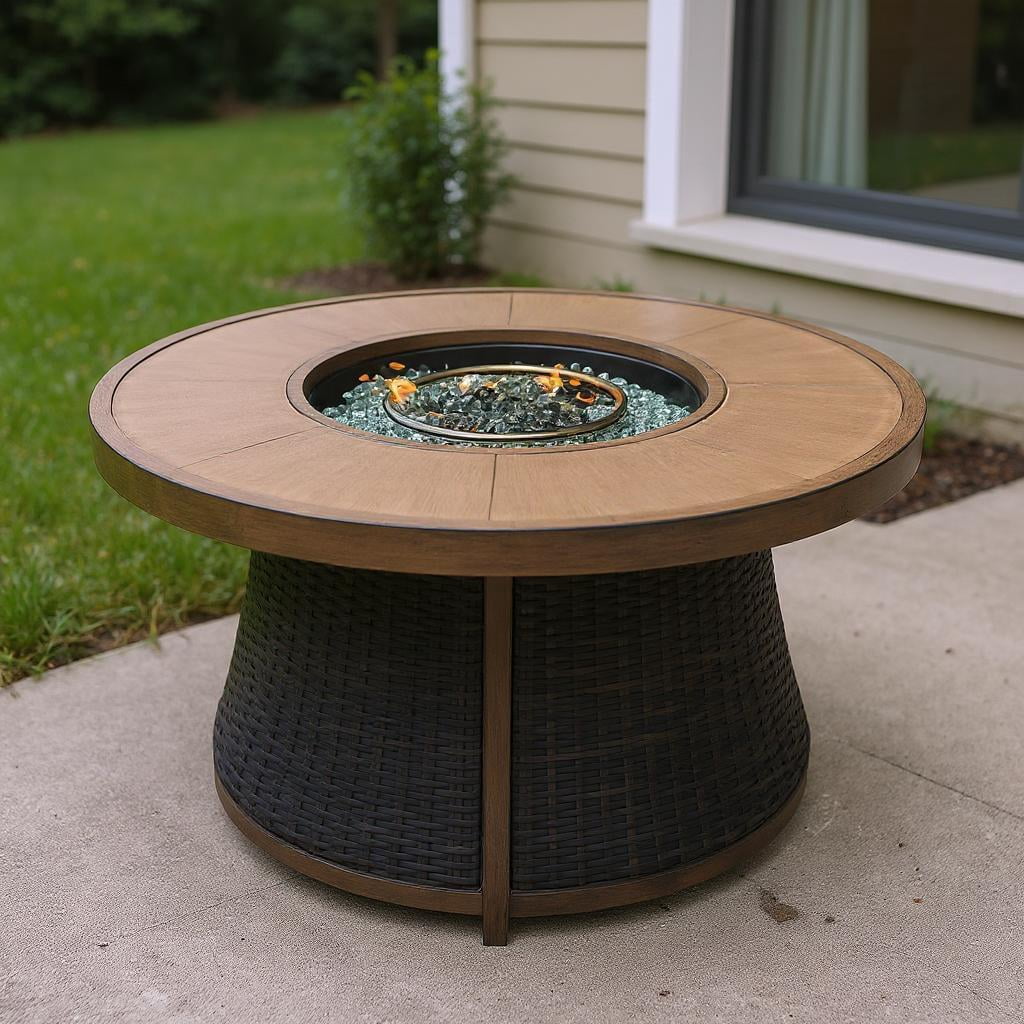 HomeRoots 535139 42 in. 50000 BTU Brown Aluminum Natural Gas Round Fire Pit Table with Cover