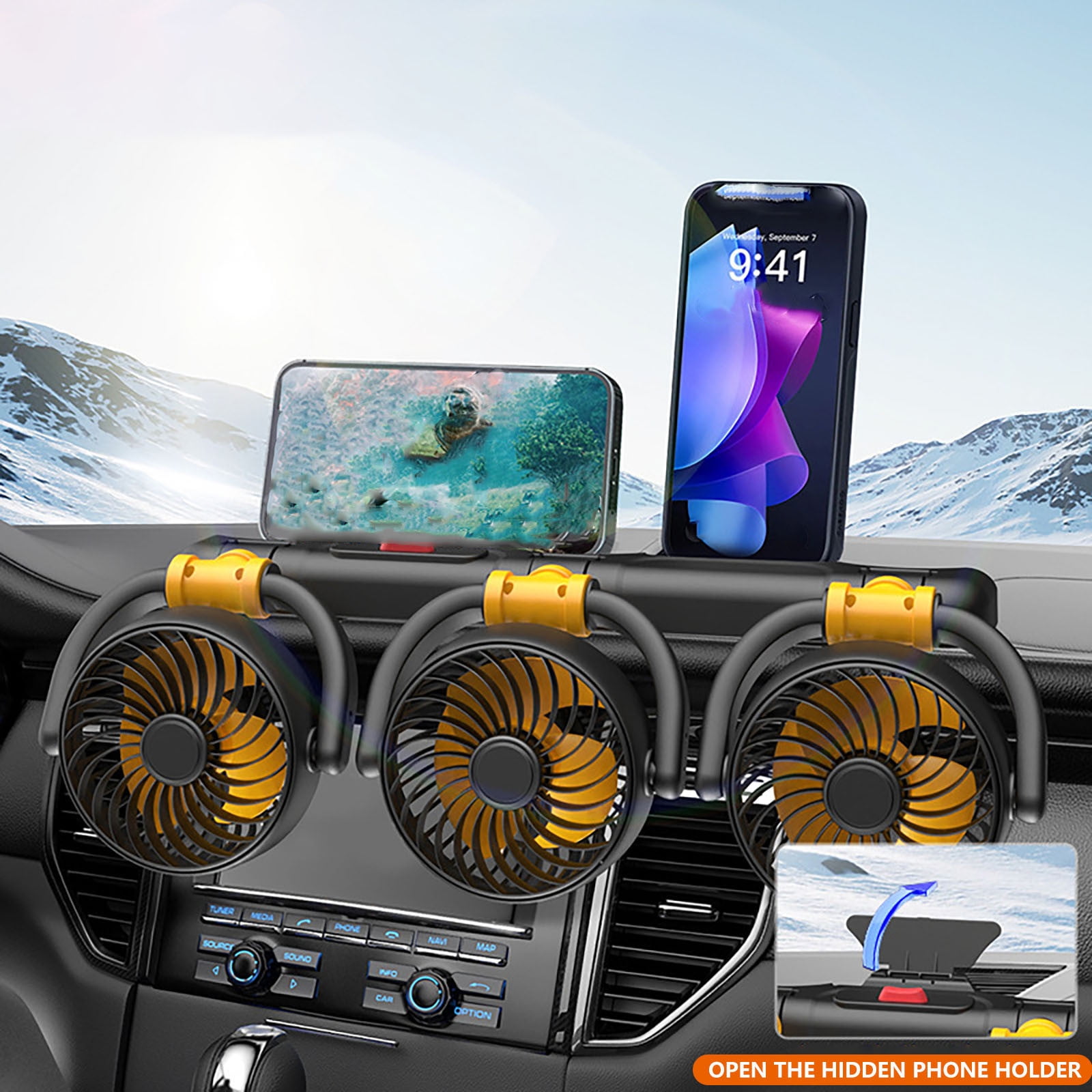Car Fan with Three Heads, Multi-functional Mobile Phone Stand, Powerful Airflow, Adjustable Direction for Car and Truck, Easy Installation, Energy Efficient, Ideal for Long Drives and Road Trips
