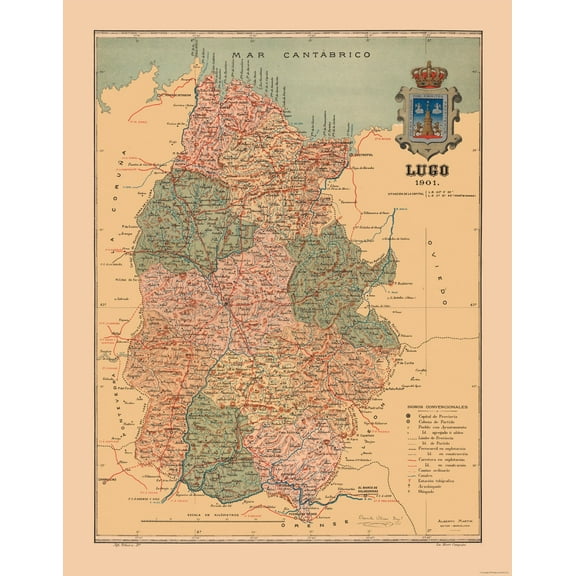 Historic Map - Lugo Spain - Martine 1904 - 23 x 29.45 - Vintage Wall Art