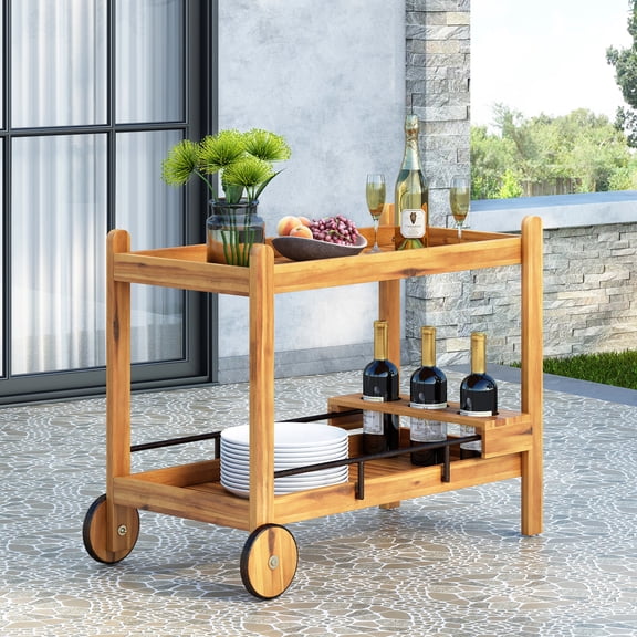 Mobile black bar cart of metal and wood with slat design for wine bottle accommodation during events