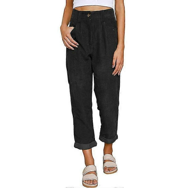 Women's Casual Corduroy Trousers High Waisted Loose Trousers Retro Solid Color Buttoned Straight Trousers-rx