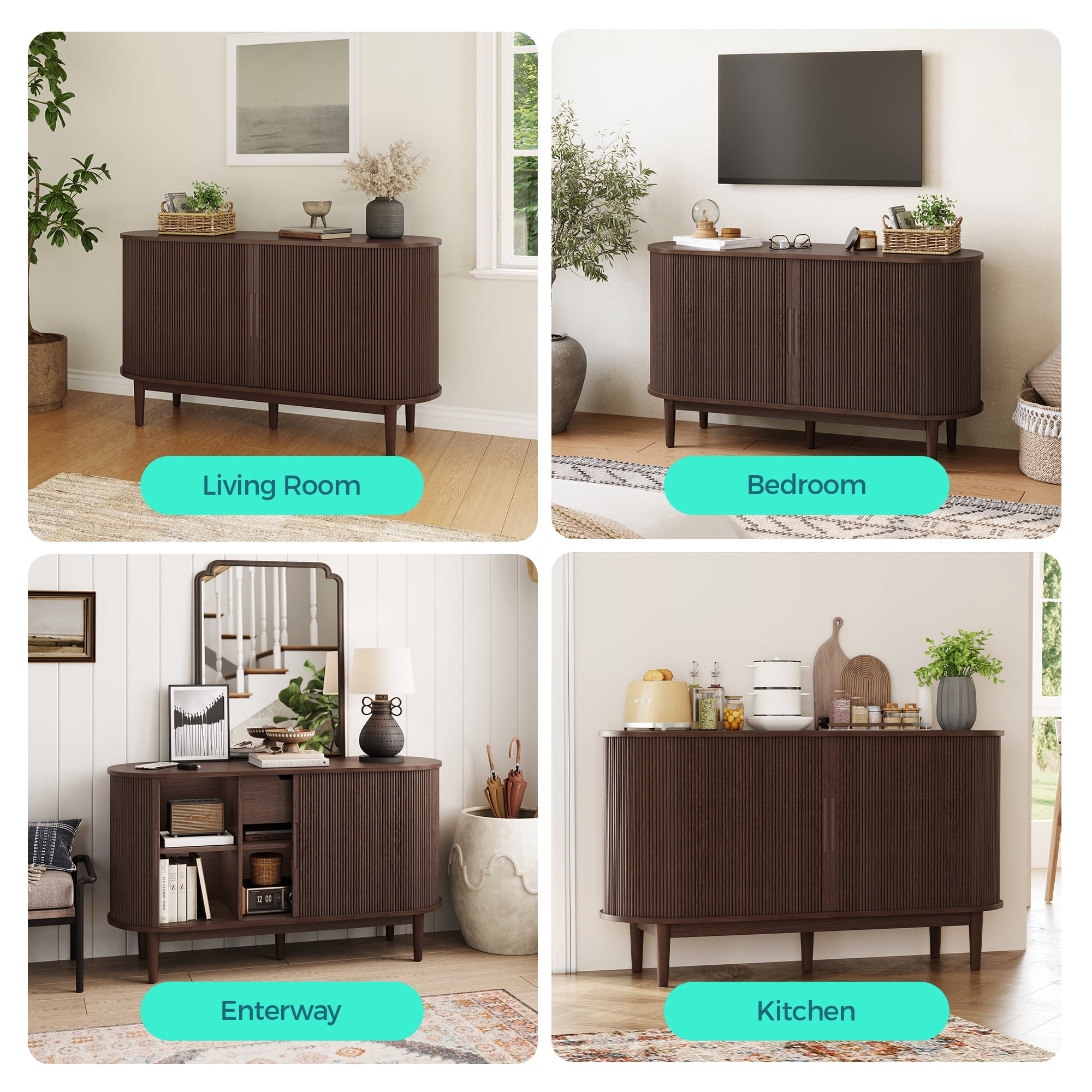 LINSY HOME Fluted Pantry Storage Cabinet, Kitchen Cabinets with Sliding Tambour Door, Wide Storage Cabinet with Removable & Adjustable Shelves for Dining Room, Living Room, Bathroom, Walnut