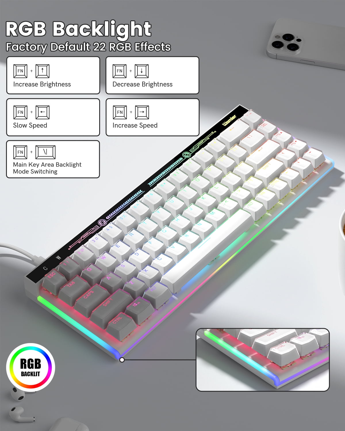 COSTOM VK68 Mechanical Gaming Keyboard, 60% Creamy Mechanical Keyboard, RGB Cute Wired Keyboad with Hot Swappable Gasket,for Windows&Mac,Green