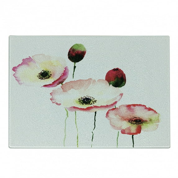Poppy Flower Cutting Board, Different Sized Poppys Revival Growing Widely Known Eternal Life Sign, Decorative Tempered Glass Cutting and Serving Board, Small Size, Pink Red, by Ambesonne