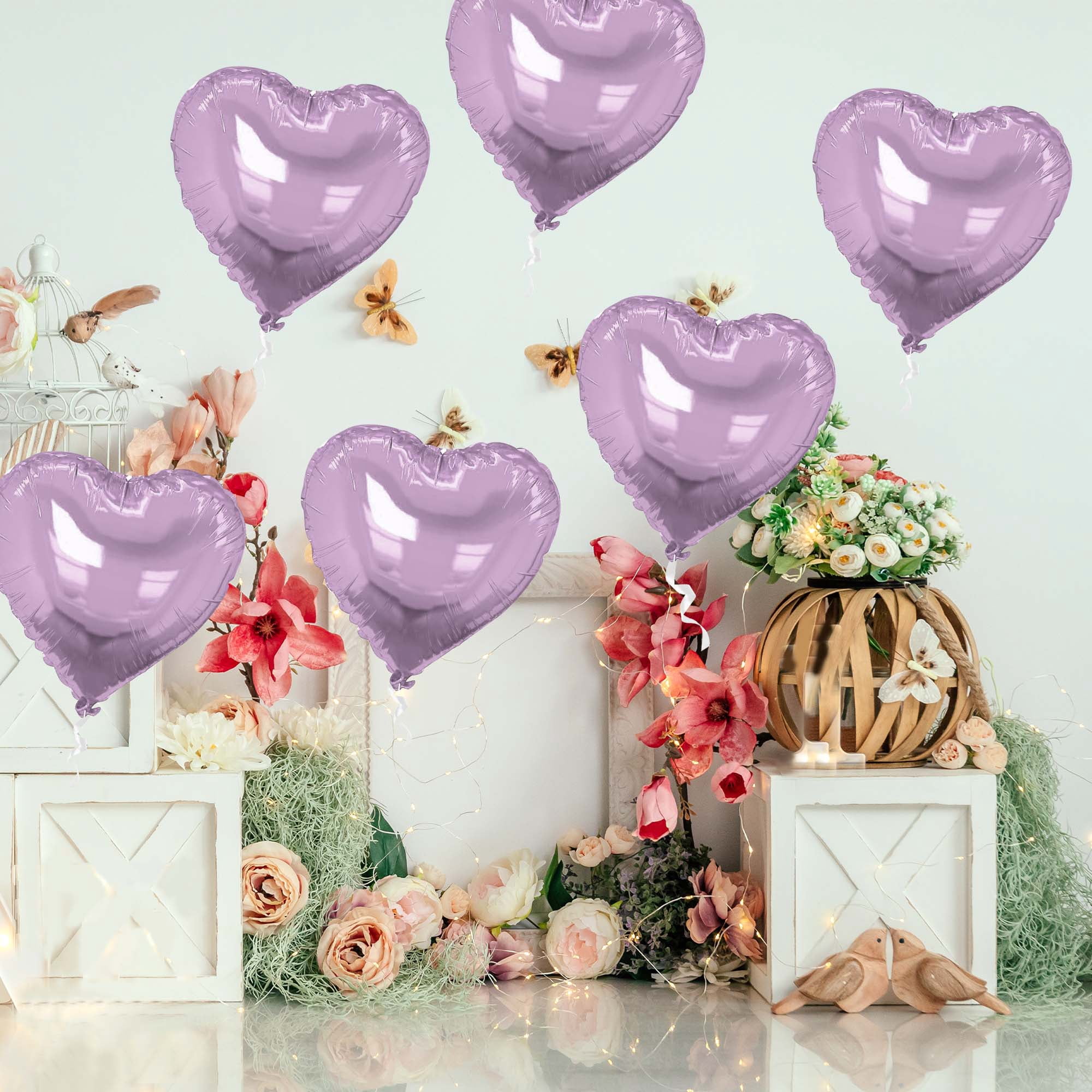 Unique Bargains 10Pcs Helium Balloons with Ribbon Heart Pattern Light Purple