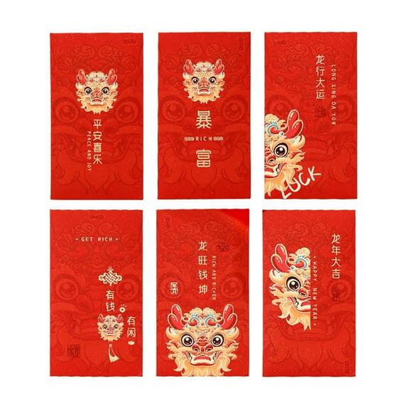 S SERENABLE 6Pcs Chinese Lunar New Year Red Envelopes Lucky Money Traditional Best Wishes 2024 Dragon Hong Bao Red Packets for Graduation