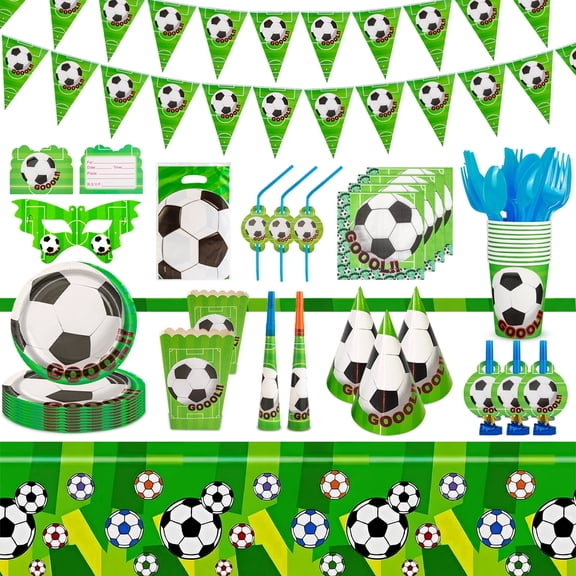 Soccer Supplies Set, 142 PCS Green Soccer Theme Birthday Kit with Plates, Cups, Tablecloth, Hats & Favors for Kids and Fans