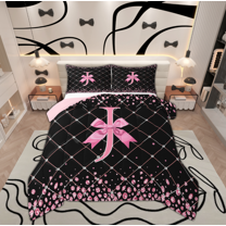 Manfei Initial J Letter Bedding Comforter Set for Girls, Cartoon Stripes Bow-tie Twin Comforter Sets, Princess Bow Reversible Bedding Set, Lightweight Room Decor, 2-Piece