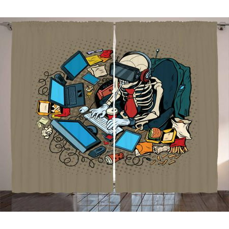 Gamer Curtains 2 Panels Set, Skeleton Programmer and Hacker in Virtual Reality Eating Fast Food Theme Illustration, Window Drapes for Living Room Bedroom, 108W X 108L Inches, Multicolor, by