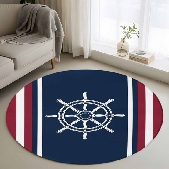 Round Rugs 4Ft, Navy Blue Red Stripe Round Area Rug Washable Indoor Throw Carpet, Coastal Nautical Rudder Farmhouse Soft Non Slip Circle Rug for Kitchen Nursery Room Home Decor Aesthetic