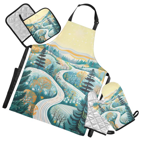 Winding Path in Forest 5 Pcs Kitchen Set Heat Resistant Oven Mitts and Non-Slip Pot Holders with Adjustable Cooking Apron