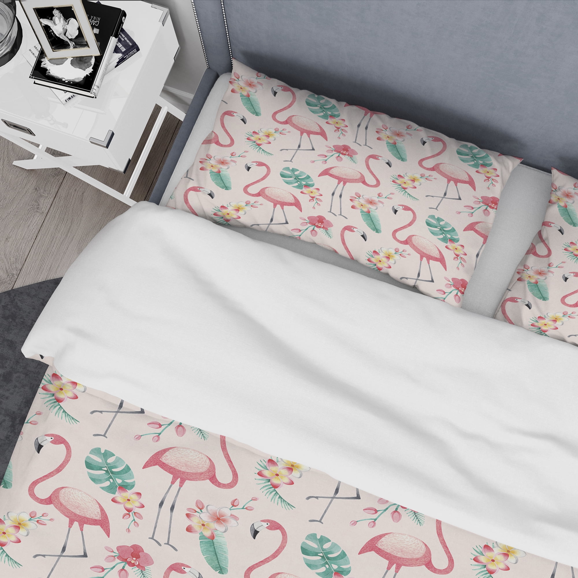 Designart 'Tropical Botanicals, Flowers And Flamingo II' Mid-Century Modern Duvet Cover Set