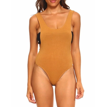 - Womens Deep Neck Back Side Open Plain Sleeveless Tank Bodysuit RT52050-S-Camel