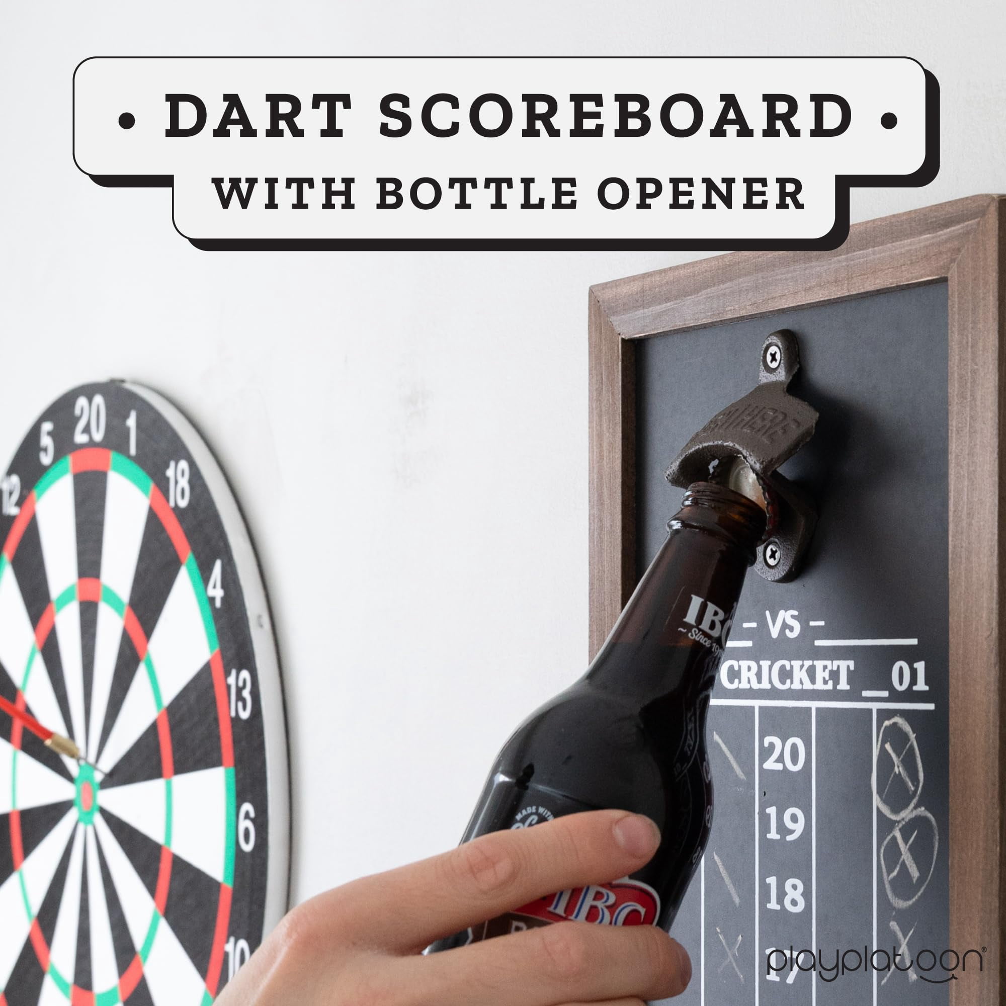 Platoon Dart Scoreboard & Holder Wall Mount with Bottle Opener - Wood Chalkboard Dart Board Game Room Accessories & Decor for Man Cave Dartboard Cabinet, Storage