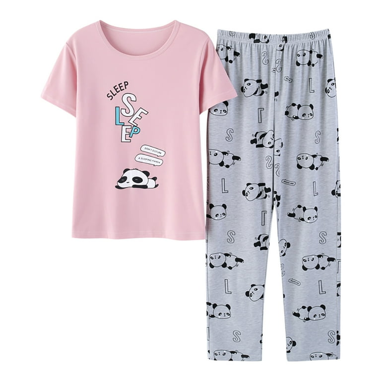 Beezizac Big Girls 2-Piece Top & Pants Cat/Panda Pajama Sets, Size 12-18