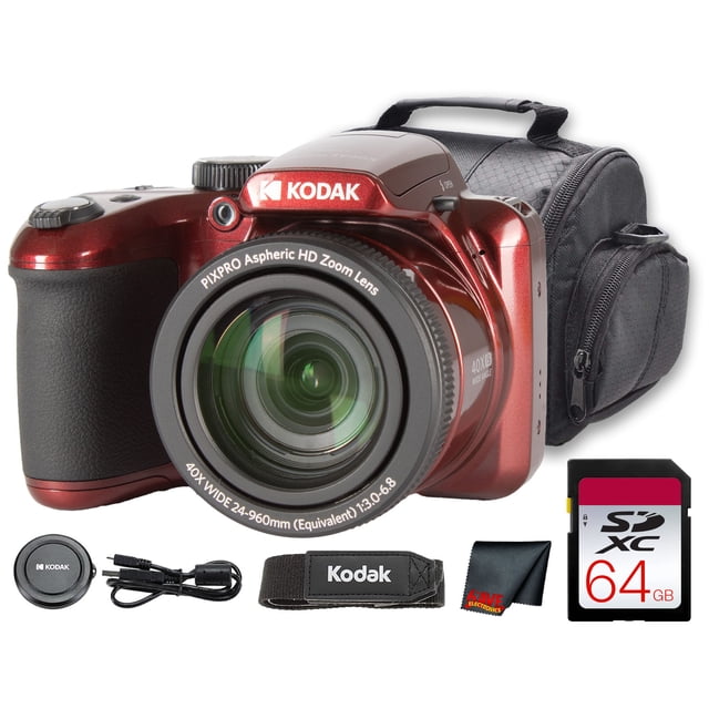 Kodak PIXPRO AZ405 Appareil Photo Numérique (Rouge) (AZ405RD) + Carte 64 Go + Sac + Chiffon