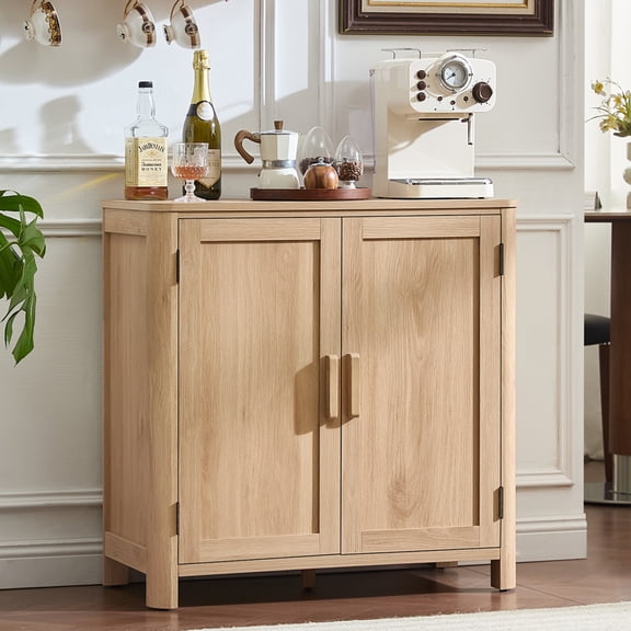 31.5"W Mid Century Modern Sideboard Buffet Cabinet with 2 Doors, Small Farmhouse Credenza with Adjustable Shelves Modular Storage Cabinets for Dining Room, Living Room, Oak
