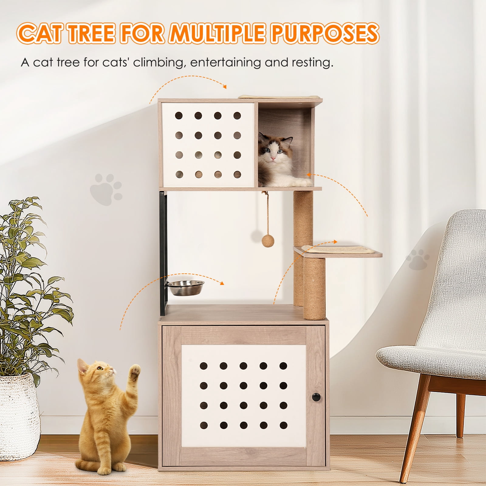 All-in-One Cat Tree with Litter Box Enclosure, Modern Indoor Cat Tower with Large Hammock, Cat Bed, Food Station and 70mm Sisal Scratching Posts