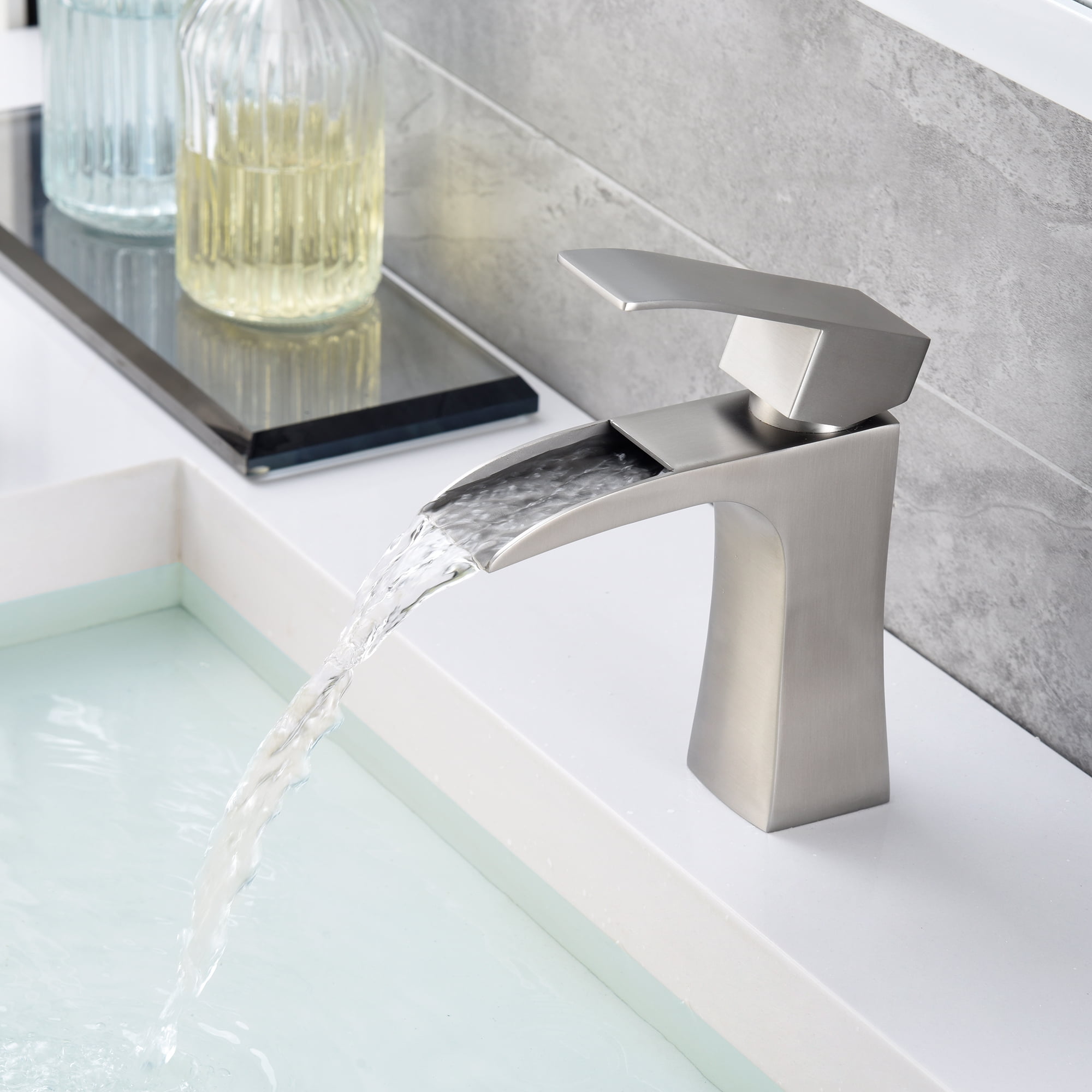 SUMERAIN Bathroom Faucet Brushed Nickel Single Hole Waterfall Bathroom Sink Faucet Stainless Steel Vanity Faucet